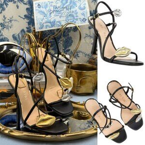 🆕 GIANNI BINI 🧿 NWOB Carletta Lip Ornamented Sandals, Black Leather, Sz 8
